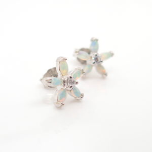 Sterling Silver Blue Green Solid Australian Crystal Opal Stud Flower Earrings