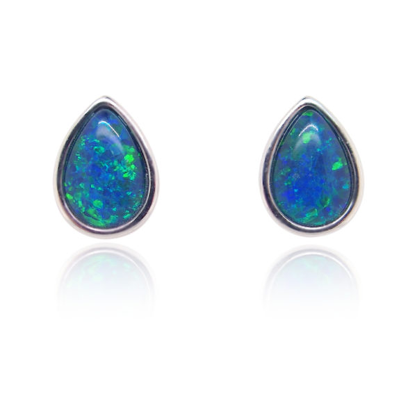 Green Blue Sterling Silver Australian Triplet Opal Stud Earrings