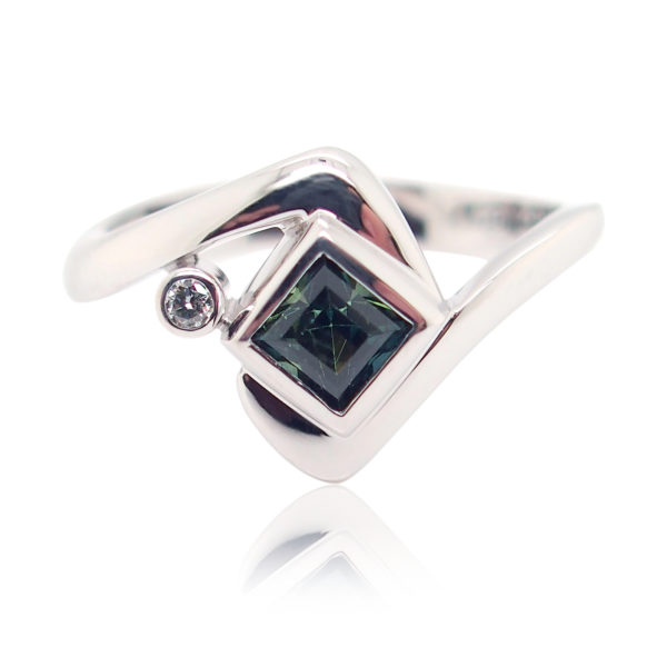 White Gold Blue Australian Sapphire and Diamond Engagement Ring