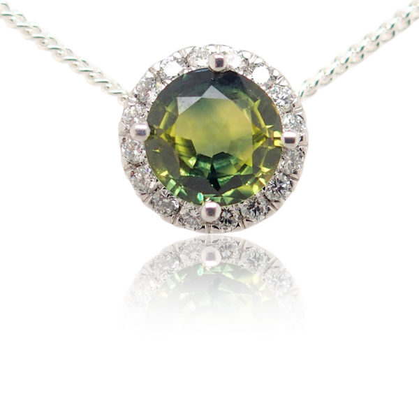 White Gold Green Yellow Australian Sapphire and Diamond Necklace Pendant