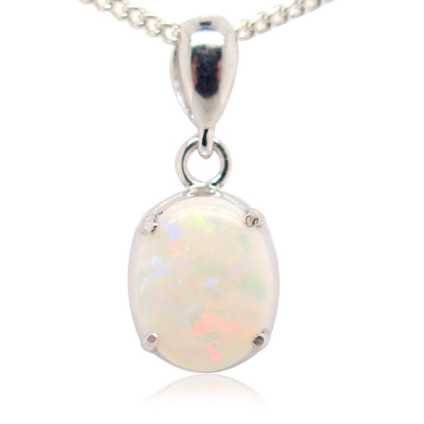 Blue Green Pink Sterling Silver Solid Australian White Opal Necklace Pendant