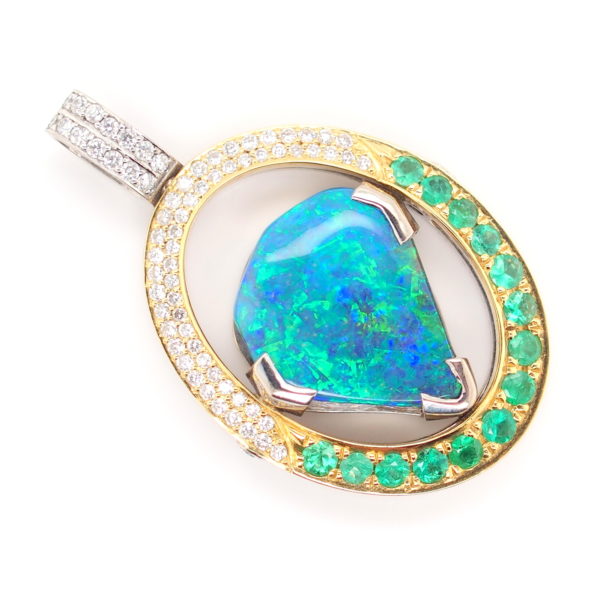 Blue Green Yellow Gold Solid Australian Boulder Opal Pendant with Diamonds and Emeralds