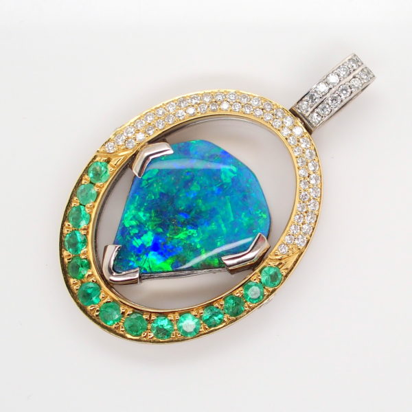 Blue Green Yellow Gold Solid Australian Boulder Opal Pendant with Diamonds and Emeralds