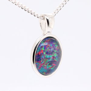 Blue Green Red Sterling Silver Australian Triplet Opal Necklace Pendant