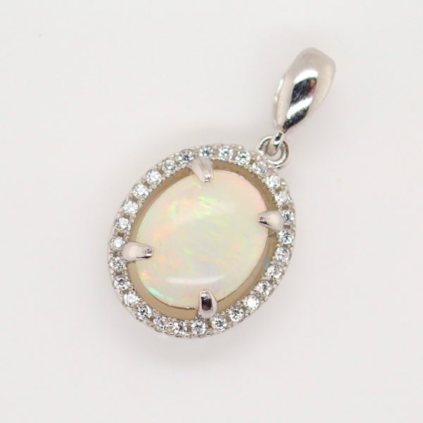 Blue Green Pink Sterling Silver Solid Australian White Opal Necklace Pendant