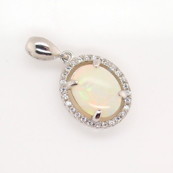 Blue Green Pink Sterling Silver Solid Australian White Opal Necklace Pendant