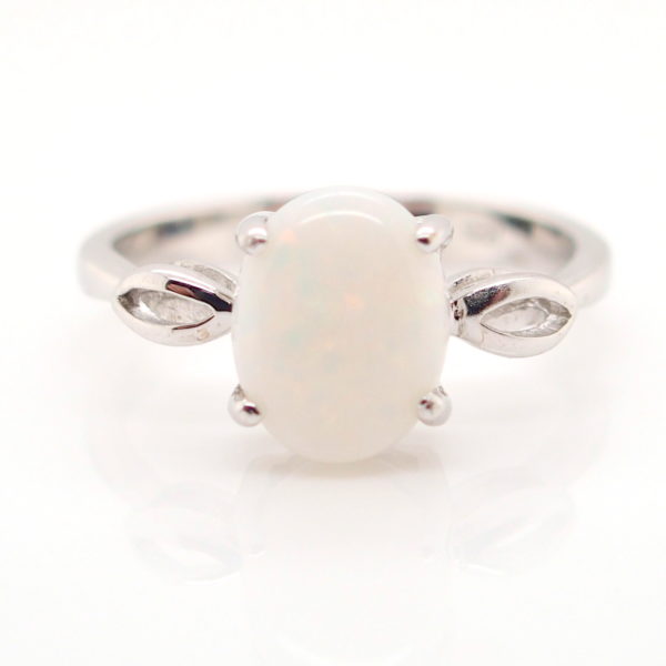 Green Red Solid Australian White Opal Sterling Silver Ring