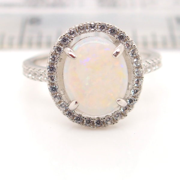 Green Red Solid Australian White Opal Sterling Silver Ring