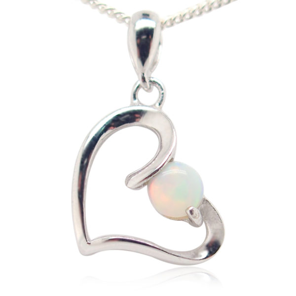Blue Green Pink Sterling Silver Love Heart White Opal Pendant Necklace
