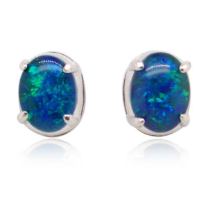 Green Blue Sterling Silver Australian Triplet Opal Stud Earrings