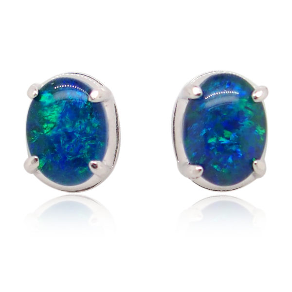 Green Blue Sterling Silver Australian Triplet Opal Stud Earrings