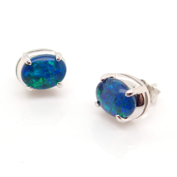 Green Blue Sterling Silver Australian Triplet Opal Stud Earrings