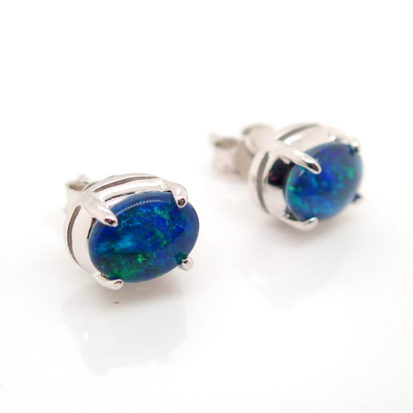 Green Blue Sterling Silver Australian Triplet Opal Stud Earrings