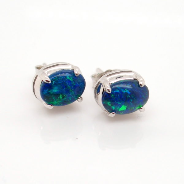 Green Blue Sterling Silver Australian Triplet Opal Stud Earrings