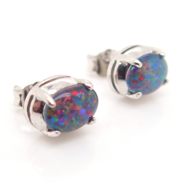 Red Blue Sterling Silver Australian Triplet Opal Stud Earrings