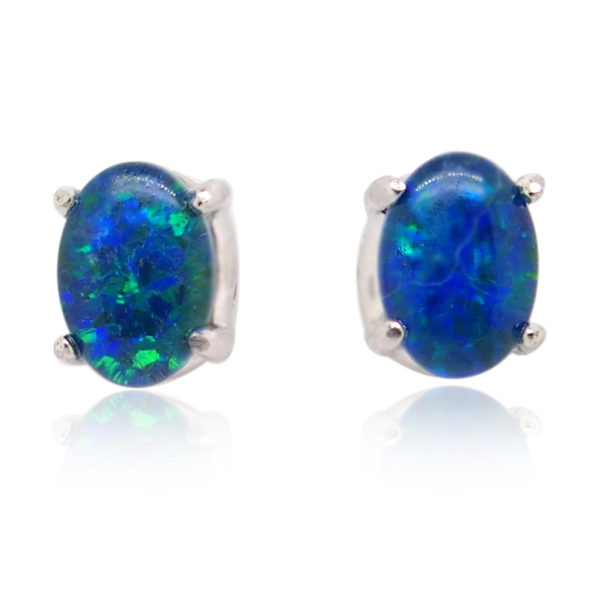 Green Blue Sterling Silver Australian Triplet Opal Stud Earrings