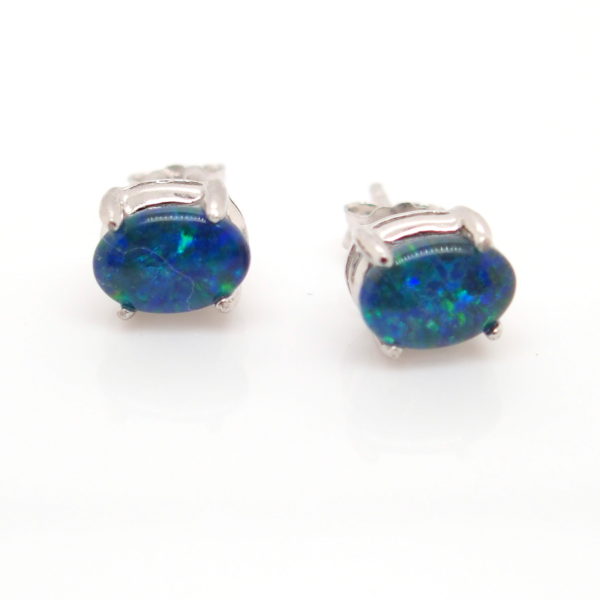 Green Blue Sterling Silver Australian Triplet Opal Stud Earrings