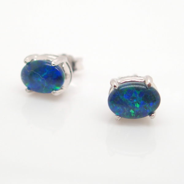 Green Blue Sterling Silver Australian Triplet Opal Stud Earrings