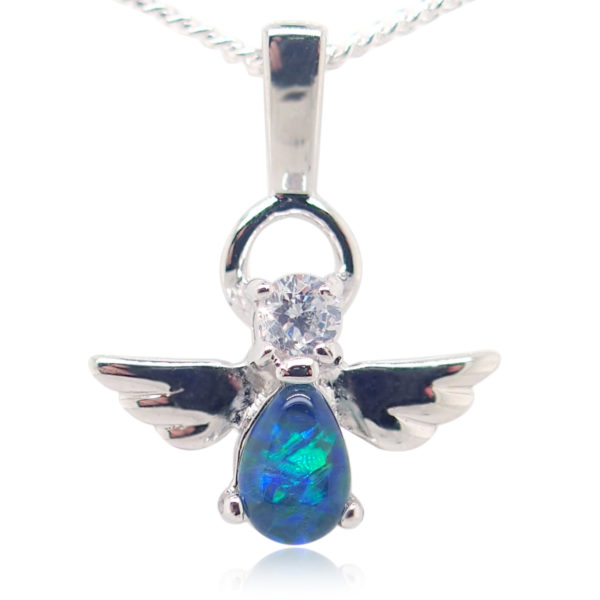 Blue Green Sterling Silver Australian Triplet Opal Angel Necklace Pendant