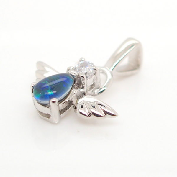Blue Green Sterling Silver Australian Triplet Opal Angel Necklace Pendant