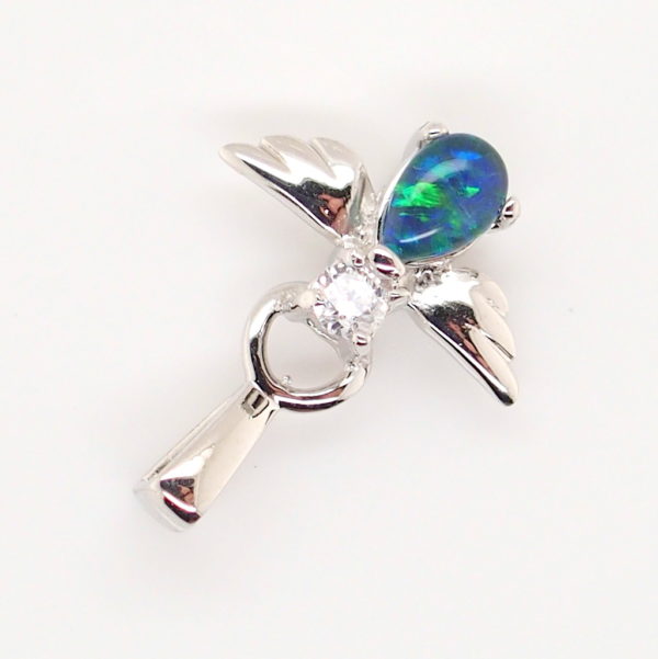 Blue Green Sterling Silver Australian Triplet Opal Angel Necklace Pendant