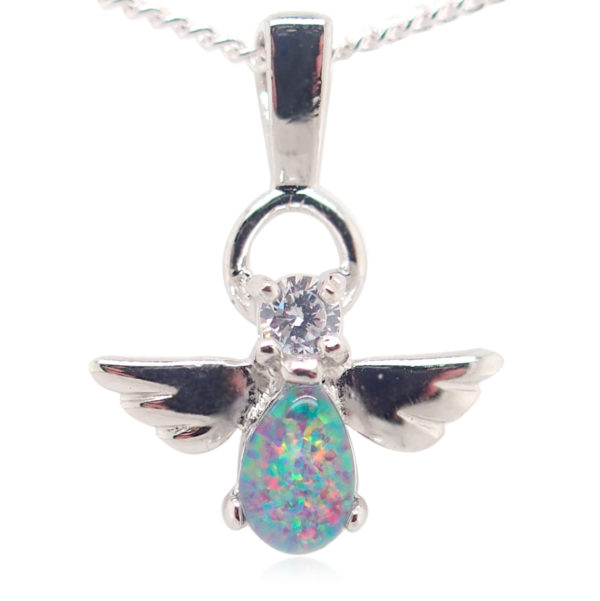 Blue Green Red Sterling Silver Australian Triplet Opal Angel Necklace Pendant