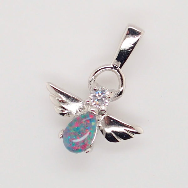 Blue Green Red Sterling Silver Australian Triplet Opal Angel Necklace Pendant