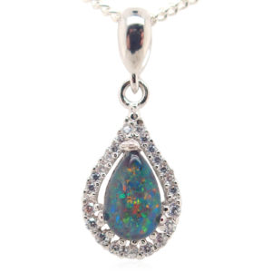 Blue Green Red Sterling Silver Australian Triplet Opal Necklace Pendant