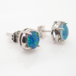 Green Blue Sterling Silver Australian Triplet Opal Stud Earrings