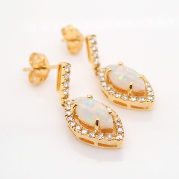 Blue Green Pink Yellow Gold Solid Australian Crystal Opal Diamond Drop Earrings