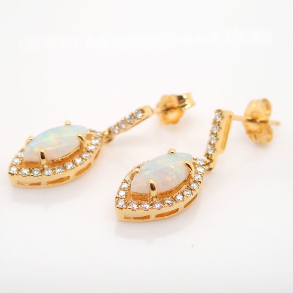 Blue Green Pink Yellow Gold Solid Australian Crystal Opal Diamond Drop Earrings