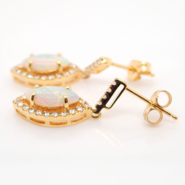 Blue Green Pink Yellow Gold Solid Australian Crystal Opal Diamond Drop Earrings