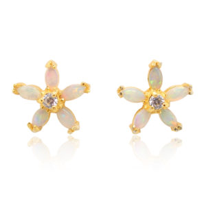 Green Pink Blue Gold Plated Sterling Silver Solid Australian White Opal Flower Stud Earrings