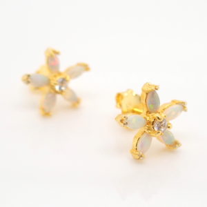 Green Pink Blue Gold Plated Sterling Silver Solid Australian White Opal Flower Stud Earrings