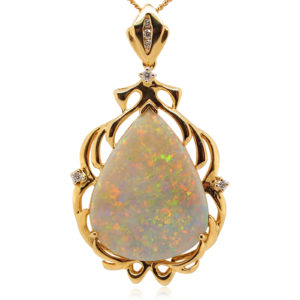 Blue Orange and Green Yellow Gold Solid Australian Crystal Opal Pendant with Diamonds