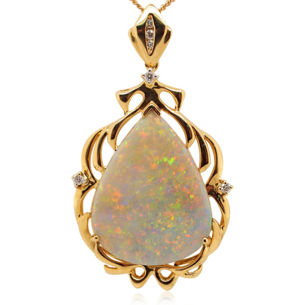 Blue Orange and Green Yellow Gold Solid Australian Crystal Opal Pendant with Diamonds
