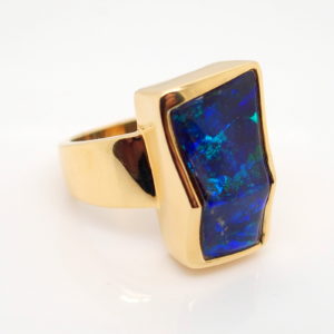 Blue and Green Yellow Gold Solid Australian Boulder Opal Engagement Ring
