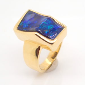 Blue and Green Yellow Gold Solid Australian Boulder Opal Engagement Ring