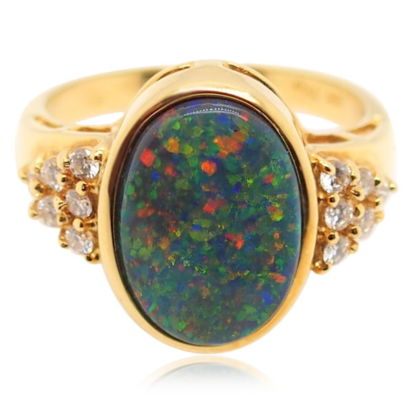 Green Orange Red and Blue Yellow Gold Solid Australian Black Opal Engagement Ring with Diamonds