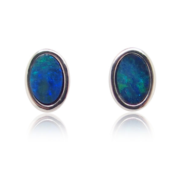 Green Blue Sterling Silver Australian Doublet Opal Stud Earrings