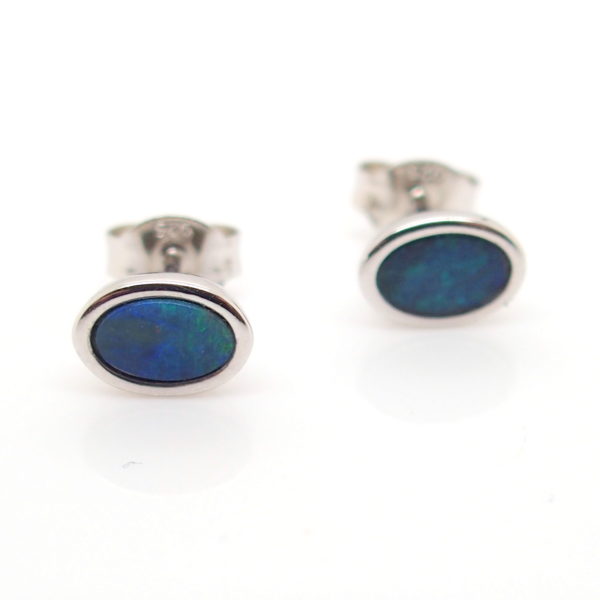 Green Blue Sterling Silver Australian Doublet Opal Stud Earrings