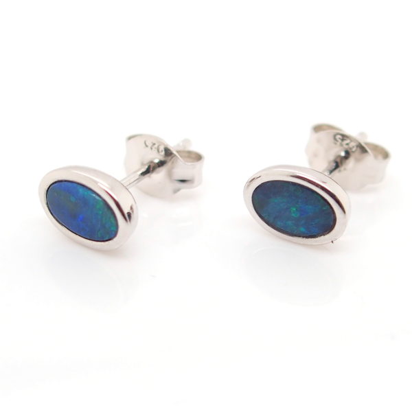 Green Blue Sterling Silver Australian Doublet Opal Stud Earrings