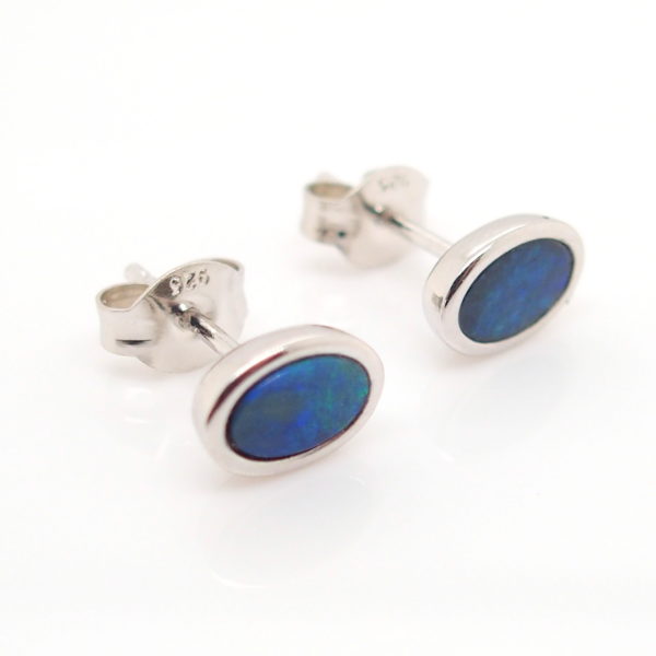 Green Blue Sterling Silver Australian Doublet Opal Stud Earrings