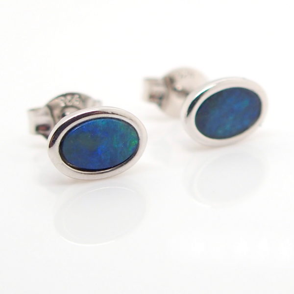 Green Blue Sterling Silver Australian Doublet Opal Stud Earrings