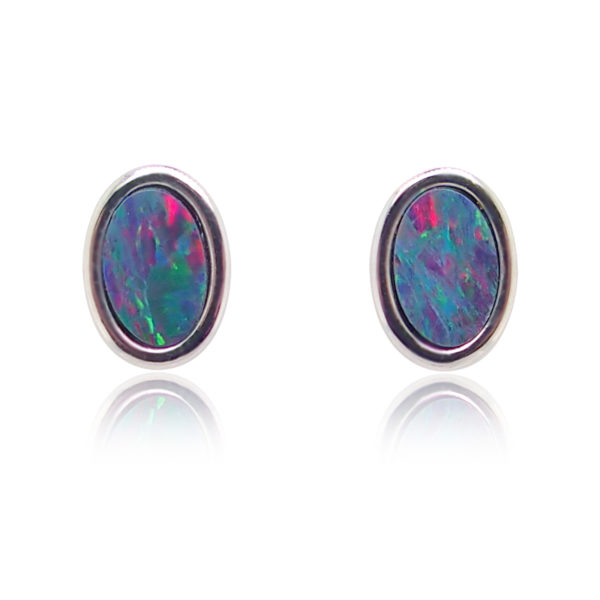 Red Blue Sterling Silver Australian Doublet Opal Stud Earrings