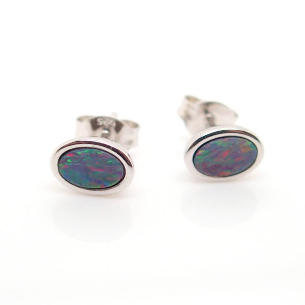 Red Blue Sterling Silver Australian Doublet Opal Stud Earrings