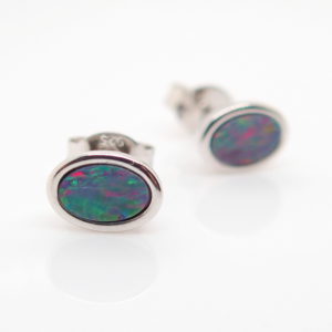 Red Blue Sterling Silver Australian Doublet Opal Stud Earrings