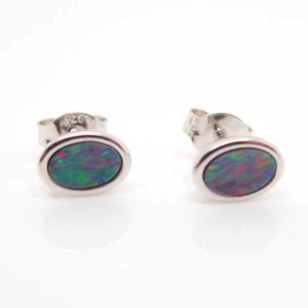 Red Blue Sterling Silver Australian Doublet Opal Stud Earrings