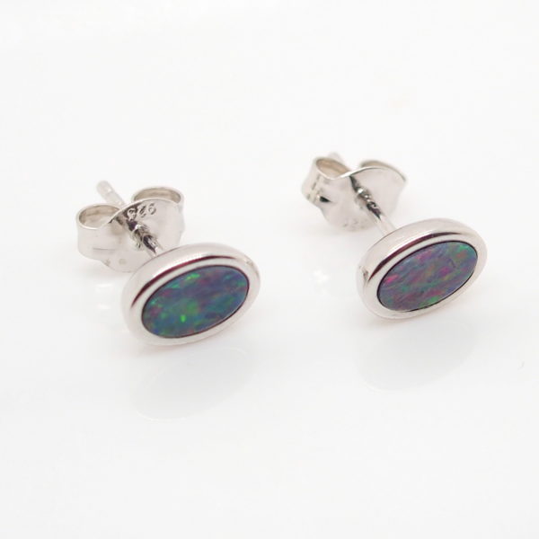 Red Blue Sterling Silver Australian Doublet Opal Stud Earrings