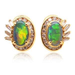 Blue Orange Green Yellow Gold Solid Australian Black Opal Diamond Stud Earrings